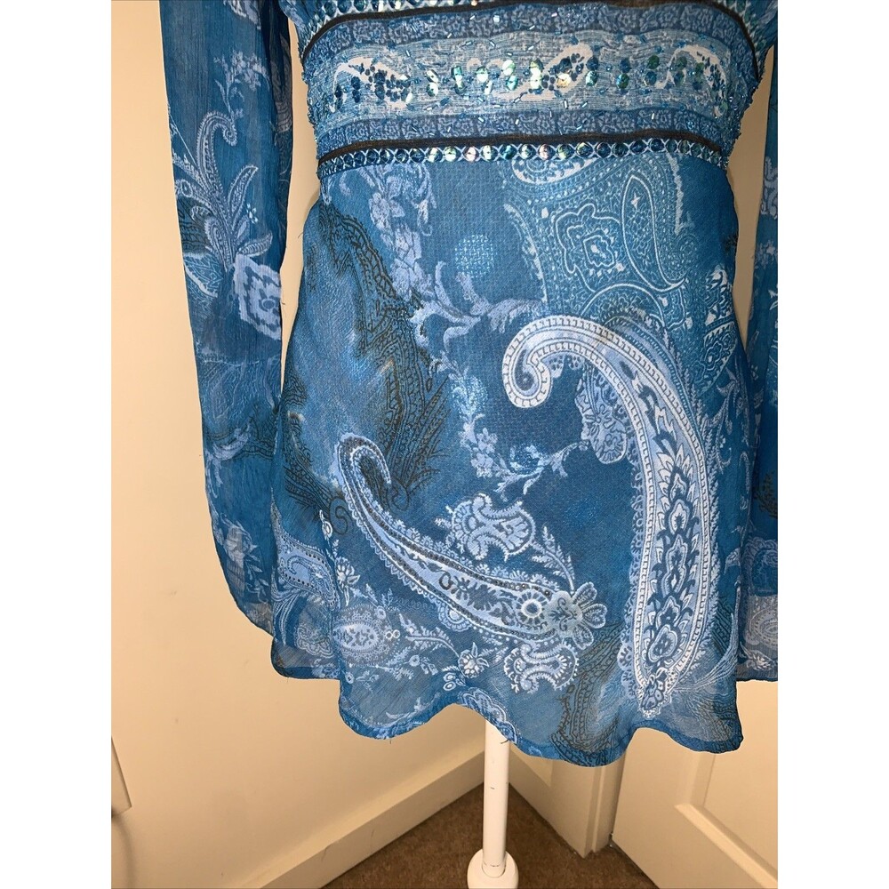 Vtg Whimsigoth Y2K Fairy Blouse Bell Sleeves Sheer Beaded Boho Witchy Ethereal M - Picture 5 of 16